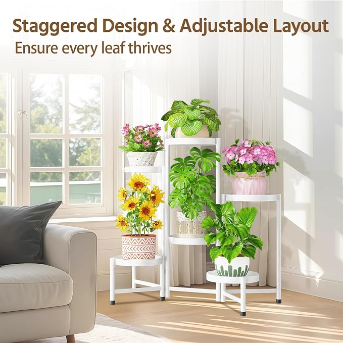 LASZOLA 6 Tiered Folding Plant Stand Indoor for Multiple Large Planter, Tall Heavy Duty Adjustable Rack with Rust Proof 10 Inch Wide Tray, Sturdy Vertical Tree Organizer for Narrow Inside Floor, White