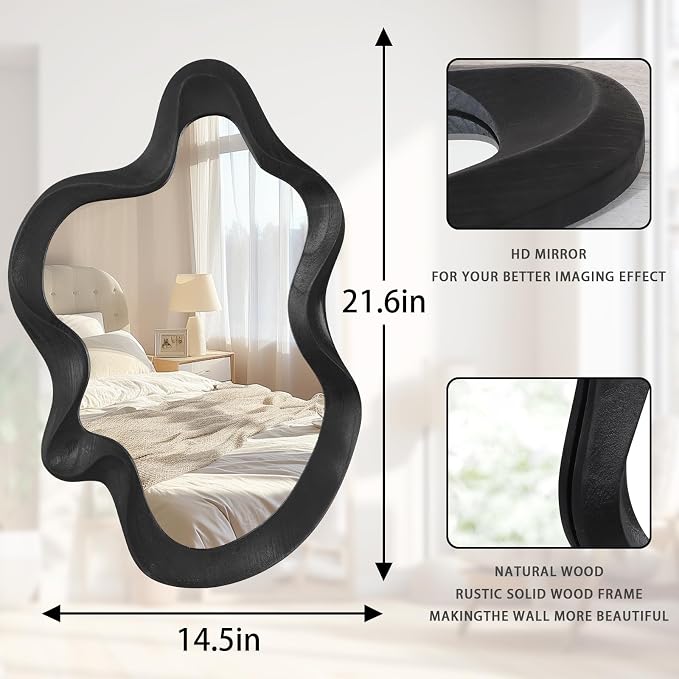 Large Irregular Wavy Mirror Modern Cloud Wall Mirror Asymmetrical Wooden Framed Wall Mirror Wall Mounted Unique Shape Vanity Artistic Mirror Decor for Bedroom Living Room Bathroom Entryway