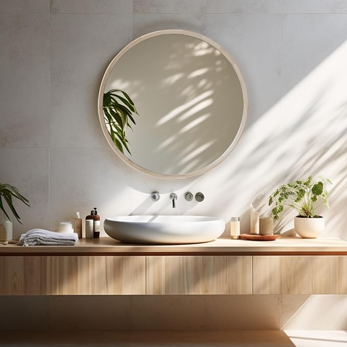 Natural Wood Round Mirror, 24 Inch - Wall Circle Mirror for Bathroom or Nursery Decor