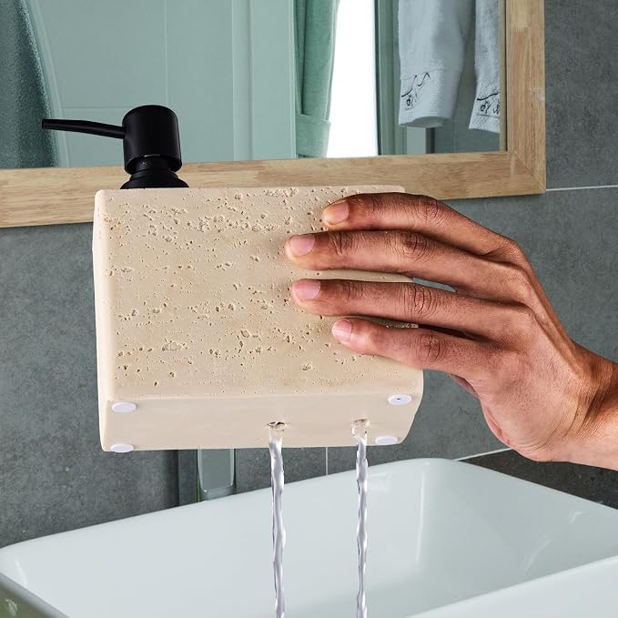 Beige Travertine Soap Dispenser with Sponge & Brush Holder – Hand & Dish Resin Soap Pump Bottle for Kitchen & Bathroom, 2-in-1 Countertop Organizer, with 2 Natural Sponges (Luxury Home Decor)