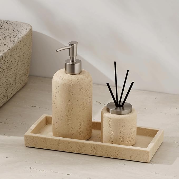 Liquid Soap Dispenser Refillable Stone Soap Dispenser Beige Travertine Liquid Shampoo Bottles Marble Hand Soap Dispenser for Bathroom Kitchen Decor