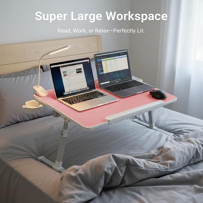 iXTRA Laptop Lap Desk with Cooling Fan - Adjustable Bed Desk with Light, Bed Table with Cup Holder&Phone Holder - Storage Drawer Desk - Folding Bed Desk,Pink,70x45cm