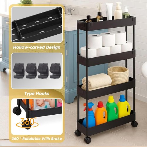 ShellKingdom 4-Tier Slim Rolling Bathroom Storage Organizer - Mobile Shelving Unit with Lockable Wheels (Black)