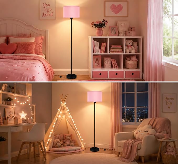 AUQUEE Pink Floor Lamp for Bedroom, Kids & Girls Room Decor, 59" Tall Small Standing Lamp with Lampshade, Foot Switch, Cute Corner Floor Lamp for Nursery, Living Room, E26 Base (No Bulb)