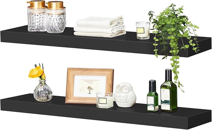 HOOBRO Floating Shelves for Wall, Wall Mounted Shelf Set of 2, 31.5" Hanging Shelf with Invisible Brackets, for Wall Decor Storage in Bathroom Bedroom Kitchen Living Room Office, Black BK80BJP201