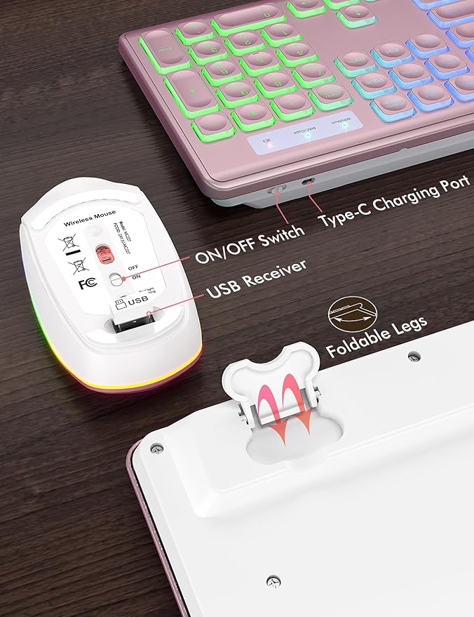 Wireless Keyboard and Mouse Combo, RGB Backlit, Rechargeable & Light Up Letters, Full-Size, Soft Typing, Sleep Mode, 2.4GHz Quiet Keyboard Set for Mac, Windows, Laptop, PC, Trueque (Rose Pink)
