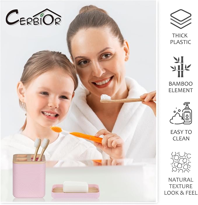 CERBIOR Bathroom Accessory Set with Shower Curtain, Includes Shower Curtain,Soap Dispenser, Toothbrush Holder, Toothbrush Cup, Soap Dish for Decorative Countertop and Housewarming Gift,Pink,20PC