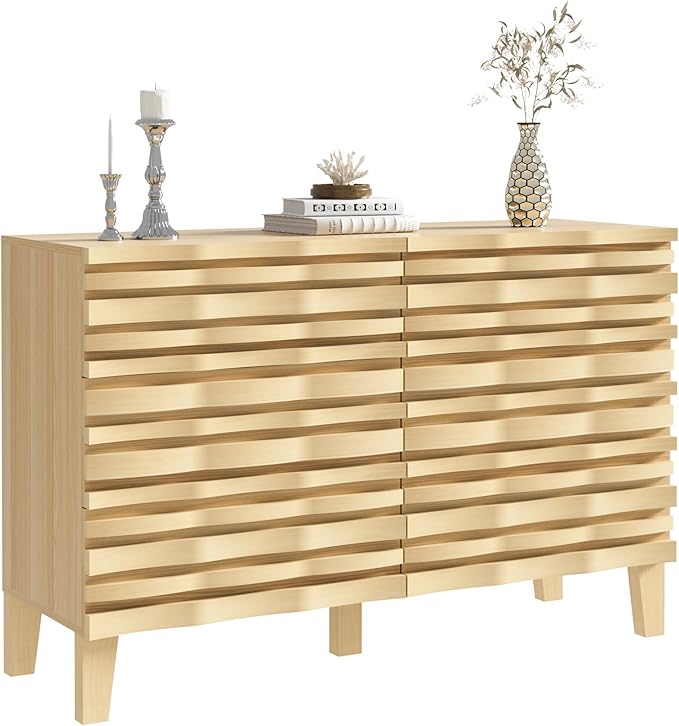 UEV Solid Wood 6 Drawer Dresser for Bedroom, Mid-Century Modern Chest of Drawers with Handmade Rhythmic Arc Line, Boho Style Fluted Dresser for Living Room, Entryway (Ivory White)