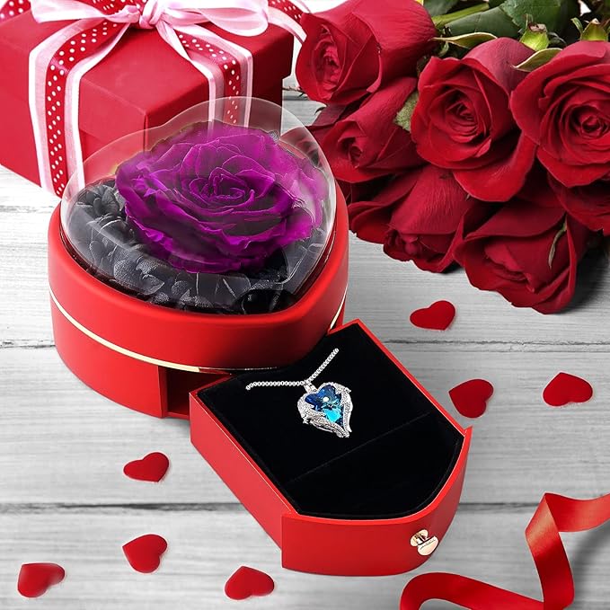 Preserved Real Rose with Heart Necklace Gift Set for Women. Romantic Gifts for Girlfriend Mom on Christmas.Forever Rose Gifts for Mom Grandma on Mothers Day. Birthday Gifts for Women.