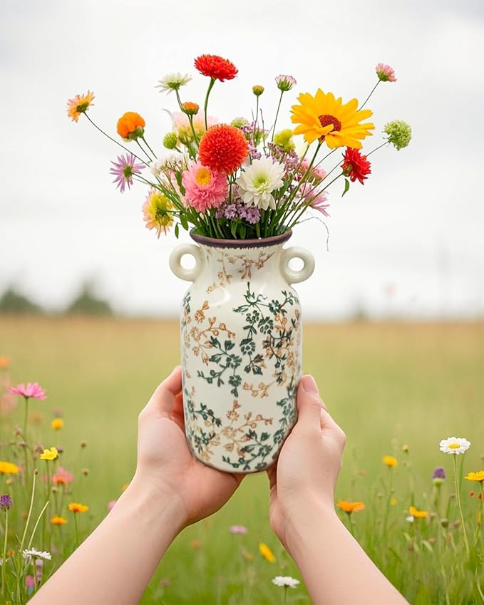 Vintage Ceramic Flower Vase Home Decor - Tabletop Rustic Tall Vase for Decor Living Room Bookshelf Office Kitchen Farmhouse, White Vases for Bouquet, Symmetric Holes | Grand Millennial | 9.1inch