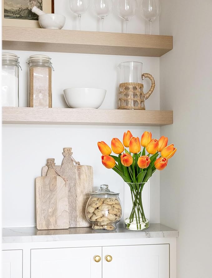 DILATATA 12 Pcs Artificial Real Touch Orange Tulips in Glass Vase with Faux Water, Small Tulip Arrangement for Wedding, Table Centerpieces, Home Decor