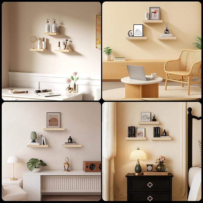 Floating Shelves, Oak Wooden Set of 3 Wall Mounted Bathroom Shelves Over Toilet, Modern Small Hanging Shelves for Bedroom Living Room Kitchen Farmhouse Home Decor, 12" x 7" x 1.5"