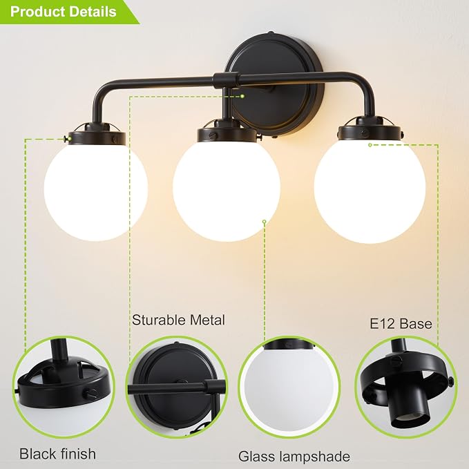 Bathroom Light Fixtures, 18.26'' Black Vanity Light, Modern 3 Lights Wall Sconce with Milky Glass Globe Shade, Mid-Century Bathroom Lighting Fixtures Over Mirror for Bathroom, Living Room