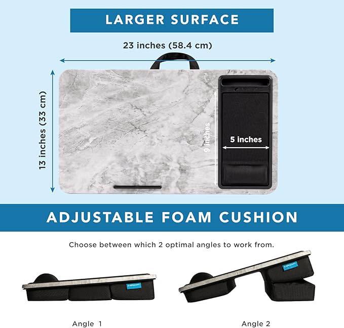 LAPGEAR Extra Large Adjustable Lap Desk – Fits Laptops up to 17.3”, Adjustable Cushion, Memory Foam Wrist Rest, Mouse Pad, Device Ledge, & Phone Slot – White Marble - Style No. 88101