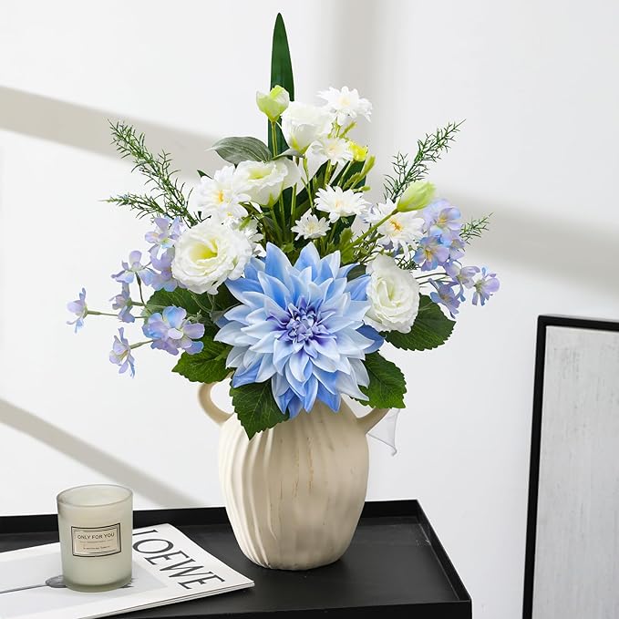 Artificial Flowers – Elegant Flower Bouquet, Faux Silk Dahlia & White Roses Floral Arrangement Fake Plant Decor for Home Indoor, Farmhouse kitchen Dining Decoration Wedding Table Centerpiece