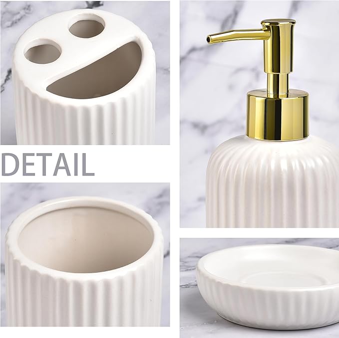 White Bathroom Accessories Set, 4PC Ceramic Bathroom Sets Complete-Toothbrush Holders, Soap Dispenser, Soap Dish, Toothbrush Cup, Modern White Gold Bathroom Decor, Bathroom Organizer for Countertop