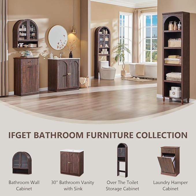 IFGET Arched Over The Toilet Storage Cabinet with Acrylic Doors, Modern Over Toilet Bathroom Organizer Shelf, Small Wooden Bathroom Storage Cabinet with Adjustable Shelf, Space Saver, Dark Walnut