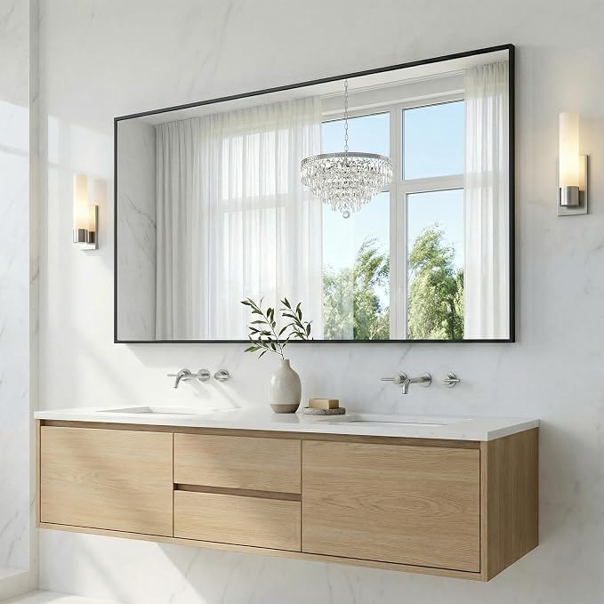 60"x30" Black Landscape Bathroom Mirror for 60-72 inch Double Vanity, Shatterproof Tempered Glass, Narrow Metal Frame, Ultra-Flush