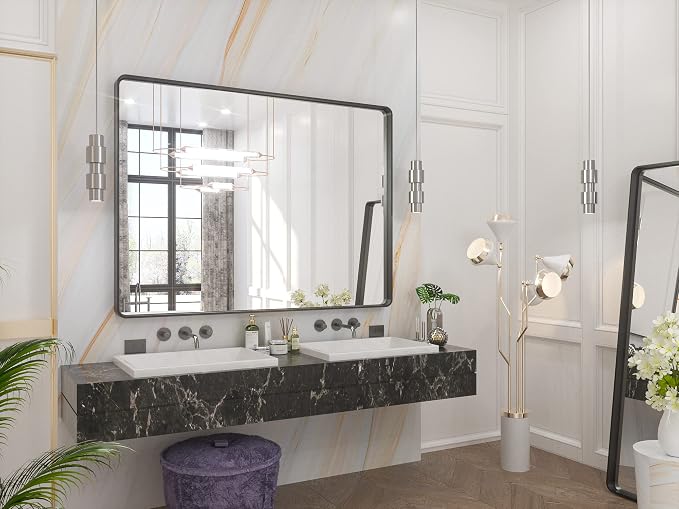 TETOTE 48 x 36 Inch Mirrors for Bathroom, Matte Black Framed Rectangular Large Modern Farmhouse Vanity Mirror for Wall Decor (Horizontal/Vertical)