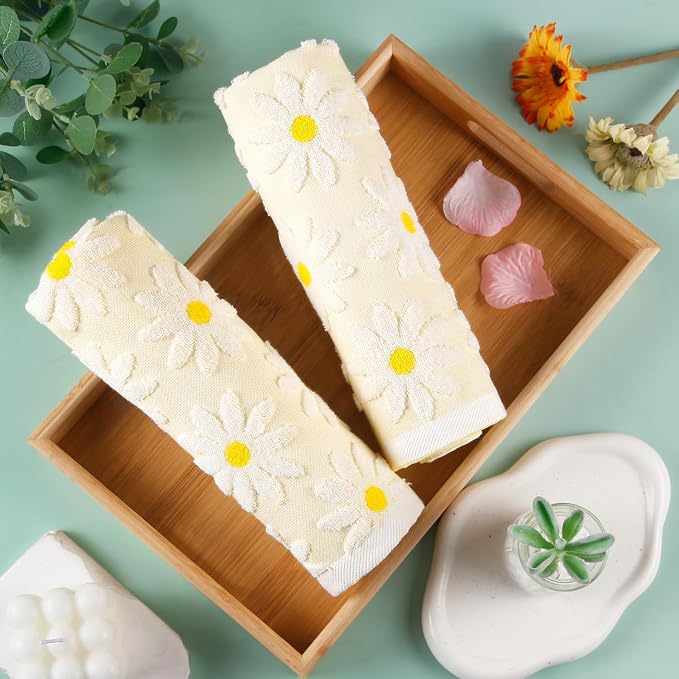 Quera 2 Pack Hand Towels Spring Summer White Flower Daisy Farmhouse Cotton Bathroom Decorative Towels Set for Drying, Cleaning, Cooking, Holiday 13.7'' x 29.5''