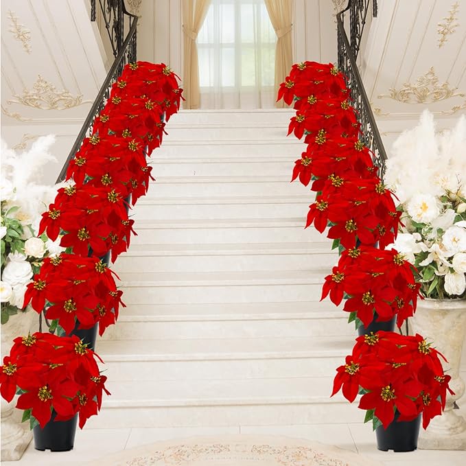 Poinsettia Flowers Artificial Red 14Inch Faux Christmas Poinsettia Plant Winter Flowers for Indoor Outdoor Xmas Ornament Porch Home Garden Decorations