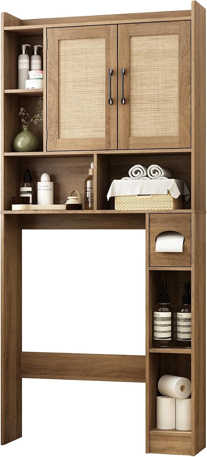 RUSTOWN Rattan Over The Toilet Storage Cabinet,Boho Over Toilet Bathroom Organizer with 2 Doors & Adjustable Shelves,Modern Above Toilet Rack with Toilet Paper Holder for Bathroom (Rustic Oak)