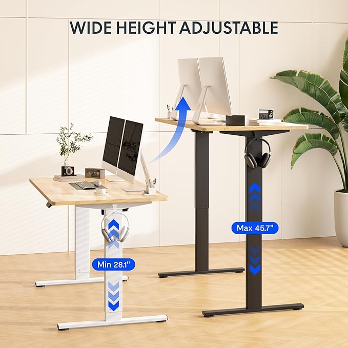 FLEXISPOT EN1 One-Piece Solid Wooden Standing Desk 55 x 24 Inches Height Adjustable Electric Sit Stand Home Office Desks (Black Frame + Rubber Wood Top, 2 Packages)