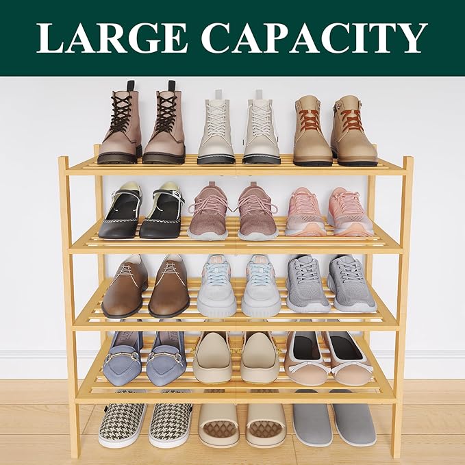 Smiry Bamboo Shoe Rack 4-Tier, Stackable Wooden Shoe Organizer for Entryway & Closet, Free Standing Wood Shoe Storage Shelf for Front Door & Small Spaces, Natural