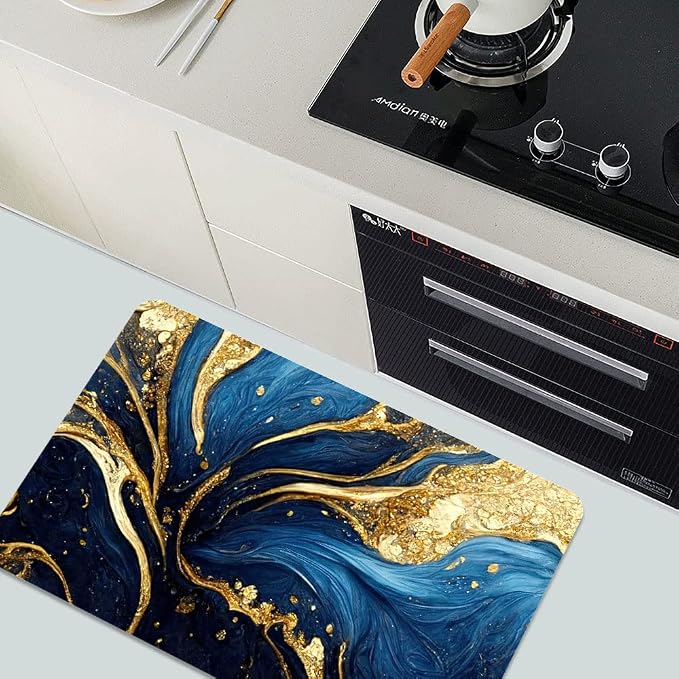 Diatomaceous Earth Bath Mat,Blue and Gold Marble Texture Non-Slip Volume Super Absorbent Fast Drying for Bathroom Kitchen Door mat,Eco-Friendly Easy to Clean 20×31Inch(50 * 80cm)