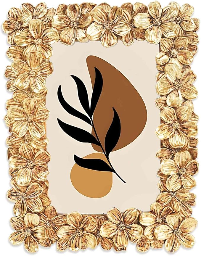 Floral Photo Frame 4x6, Gold Vintage Picture Frames with Carved Flower, Resin Picture Frame with Glass Front, Photos Display for Tabletop or Wall Hanging, Ornate Handmade Photo Frames, Gift Ideas