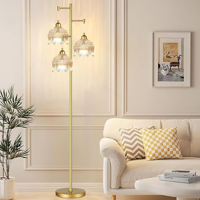 ILLMTW Gold Floor Lamp for Living Room,Bedroom,Mid Century Modern Standing Lamp Brass Tree 3 Light Tall Floor Lamps Vintage Retro Floor Lights Glass Amber Flower Lamp Shade Farmhouse Boho Bohemian