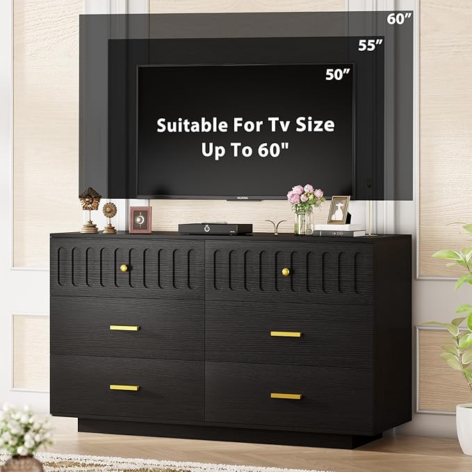 IBF Fluted Dresser with 6 Drawers for Bedroom, Large Wooden Chest of Drawers with Anti-Tipping Design for Men,Women, 54" Wide Modern Cloth Storage Dressers for Nursery,Closet,Living Room, Black Oak