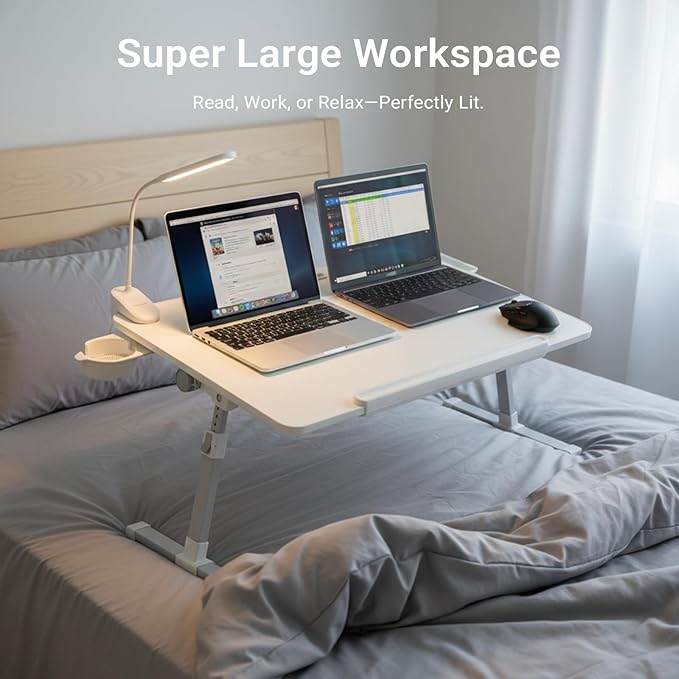 iXTRA Laptop Lap Desk with Cooling Fan - Adjustable Bed Desk with Light, Bed Table with Cup Holder&Phone Holder - Storage Drawer Desk - Folding Bed Desk,White,70x45cm