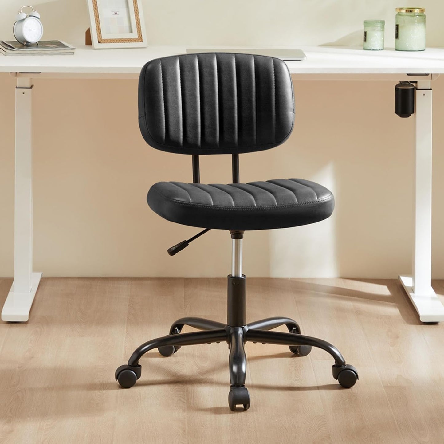 Sweetcrispy Small Office Desk Chair - Armless PU Leather with Comfy Lumbar Support | Height Adjustable, Black