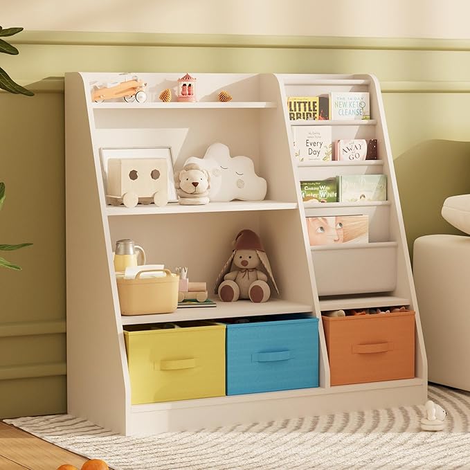 NACHES Kids Bookshelf and Toy Storage Organizer, Montessori Nursery Book Shelves with Sling Rack & Fabric Toy Bins, Toddler Baby Bookcase, Wooden Toy Shelf for Kids Room, Playroom, White-Colorful
