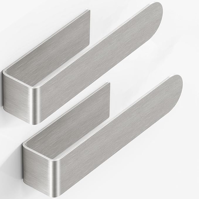 Adhesive Hand Towel Holder, 8 Inch Towel Holder for Bathroom Wall Mounted, Self Adhesive Square Stick on Towel Bar Wall for Kitchen Cabinet RV, Brushed Nickel (2 Pack)