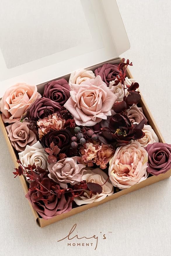 Ling's moment Artificial Flowers Combo Box Set, Dusty Rose & Lana Mauve for DIY Wedding Bouquet, Centerpieces Decor, Floral Arrangement Decor
