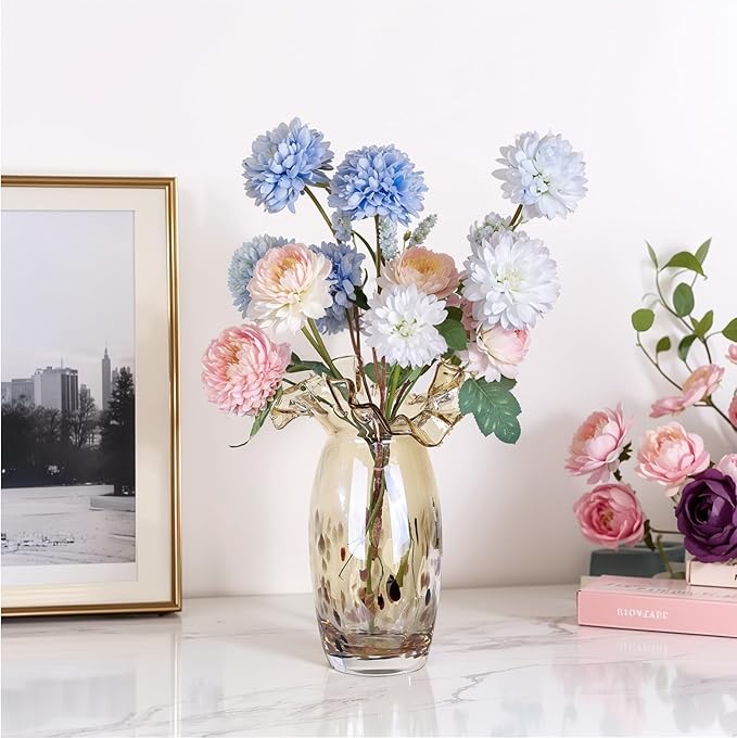 Hand Blown Amber Glass vase, Unique Glass Wide Mouth vase for Console Office TV Stand Coffee Table entryway Entrance Desktop Living Room Dining Table Centerpiece.