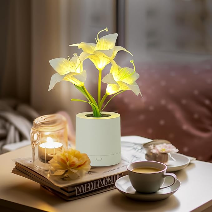 WSYEAR Christmas Birthday Gifts for Women-Fake White Lily Artificial Flower Lamp Night Light for Wedding Party Decor Home Hotel Office Garden Craft Art Decor