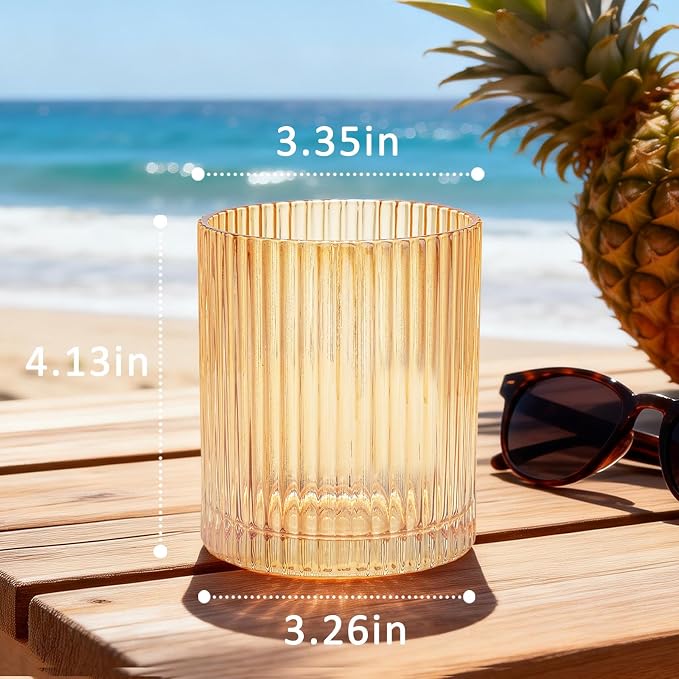 14 oz Ribbed Drinking Glasses Set of 6, High Clear Vintage Iced Coffee Cups Elegant Glassware, Highball Glass Cups Ridged Glass Tumbler for Cocktail, Whiskey, Beer, Water, Juice, Origami Style Amber