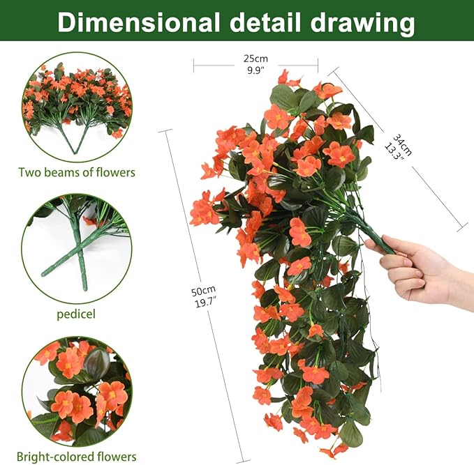 Artificial Fake Hanging Flowers Plants for Outdoor Fall Decoration, 2PCS Faux Silk Violet UV Resistant Look Real Trailing Vines for Outside Home Planter Porch Patio Mums Autumn Decor(Orange)