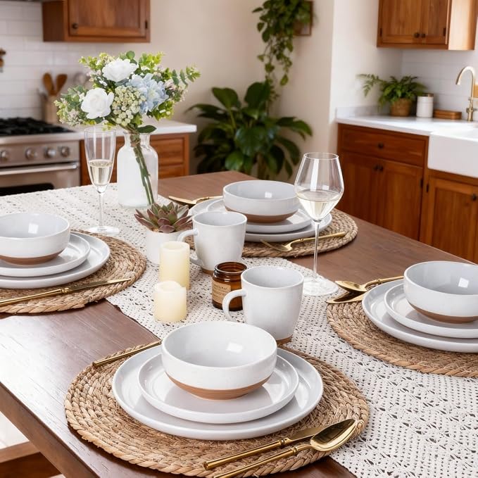 AmorArc Ceramic Dinnerware Sets for 4, 12 Pieces Handpainted Plates and Bowls Set with Rustic Terracotta Underside, Scratch Resistant Stoneware Dishes Set, Dishwasher & Microwave Safe, White