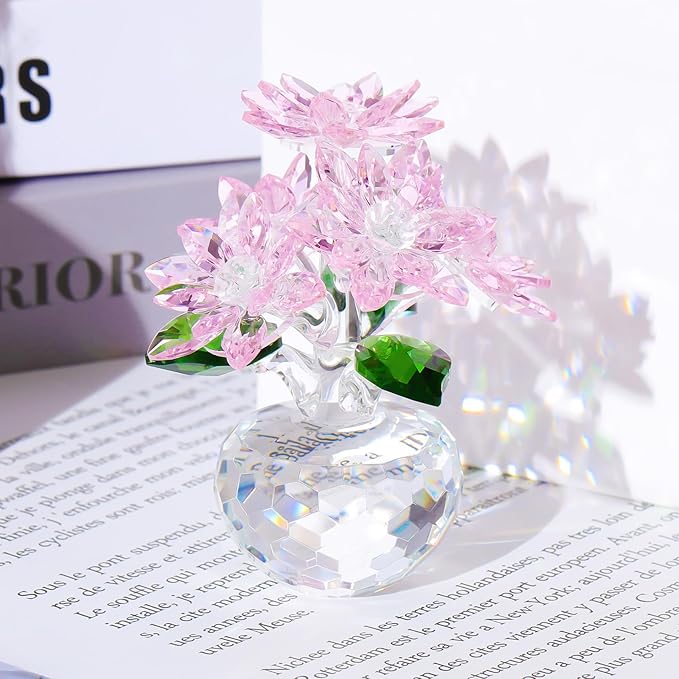 YWHL Pink Crystal Flower Figurine Decor with Stand, Handmade Glass Flower Gifts for Women, Beautiful Art Collectible Statue for Home Table Centerpiece(Pink