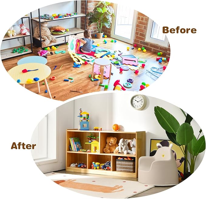 Costzon 2-Shelf Bookcase for Kids, Wooden Toy Storage Organizer for Books Toys, 5-Section Freestanding Classroom Daycare Montessori Bookshelf for Preschool, Home Playroom & Kindergarten (Burlywood)