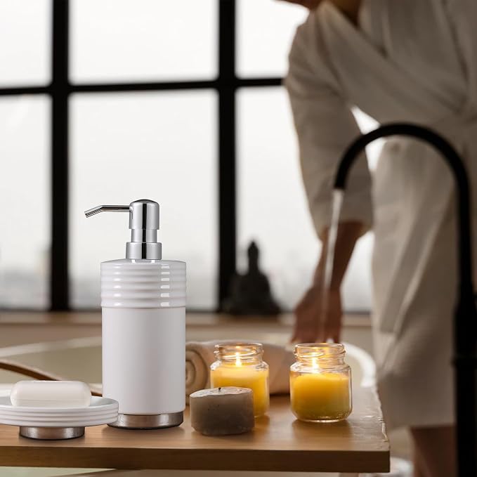 RQYIXI Bathroom Accessories Set 4 Pieces Ceramic Bathroom Accessory with Metal Base Set Contain Soap Dispenser Cotton Swab Jar Toothbrush Cup Soap Dish