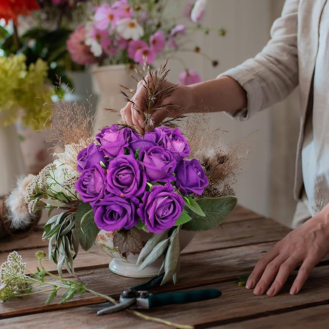 12 Pcs Artificial Rose Flowers, Silk Roses with Long Stems, Realistic Fake Roses for Wedding Centerpiece Party Home and Office DIY Decor, Purple