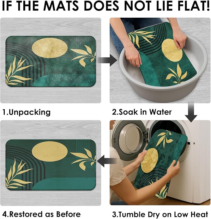 Boho Mid Century Shower Curtain Set with Toilet Lid Cover and Non-Slip Rugs, Abstract Geometric Dark Green 4 Pcs Modern Minimalist Shower Curtain for Bathroom Set with 12 Hooks