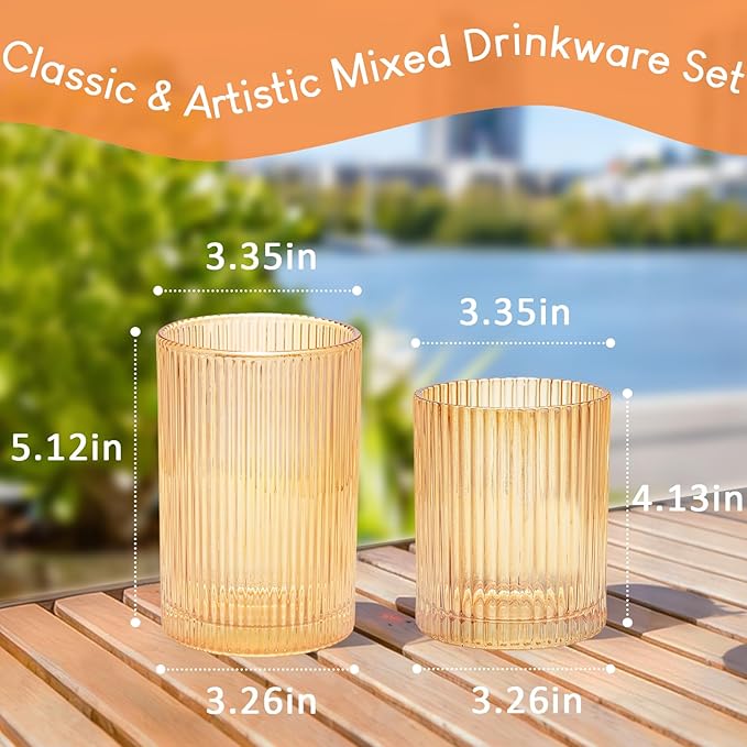 14 oz & 18 oz Ribbed Drinking Glasses Set of 12, Vintage Iced Coffee Cups Elegant Glassware, Highball Glass Cups Ridged Glass Tumbler for Cocktail, Whiskey, Beer, Water, Juice, Origami Style Amber