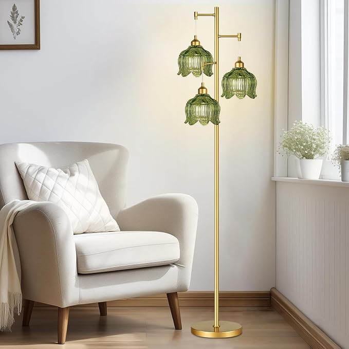 ILLMTW Glass Floor Lamp for Living Room,Bedroom,Gold Mid Century Modern Standing Lamp Brass Tree 3 Light Tall Floor Lamps Vintage Retro Floor Lights Green Flower Lamp Shade Farmhouse Boho Bohemian
