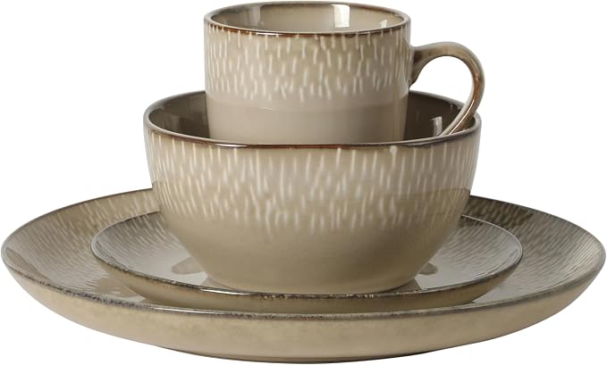 Gibson Elite Jasper 16 Piece Plates and Bowls Reactive Glaze Dishes Stoneware Ceramic Dinnerware Set - Service for 4 - Taupe